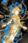 Mystical Gold and Blue Abstract Goddess Art Print, Celestial Woman Wall Decor, Starry Night Sky, Modern Home Decoration, Unique Gift Idea