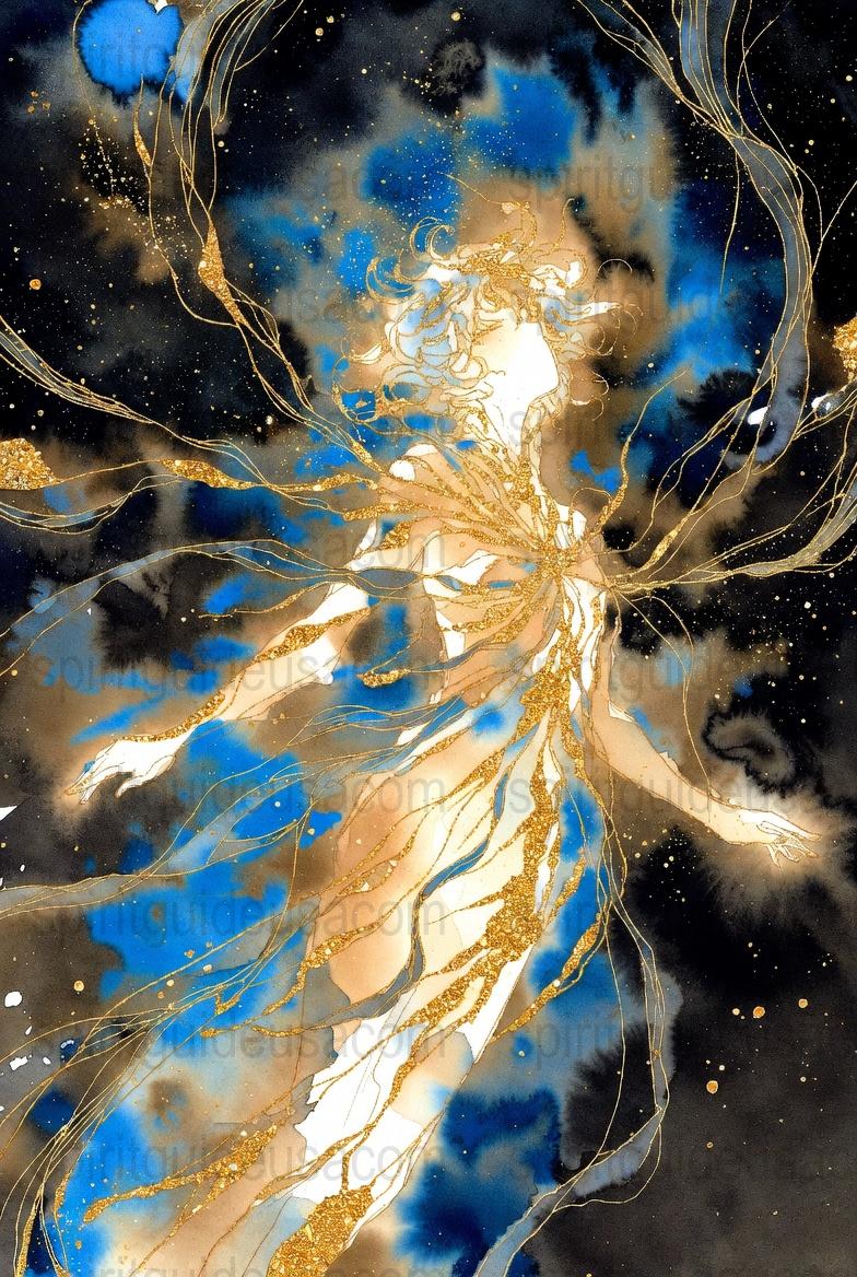 Mystical Gold and Blue Abstract Goddess Art Print, Celestial Woman Wall Decor, Starry Night Sky, Modern Home Decoration, Unique Gift Idea