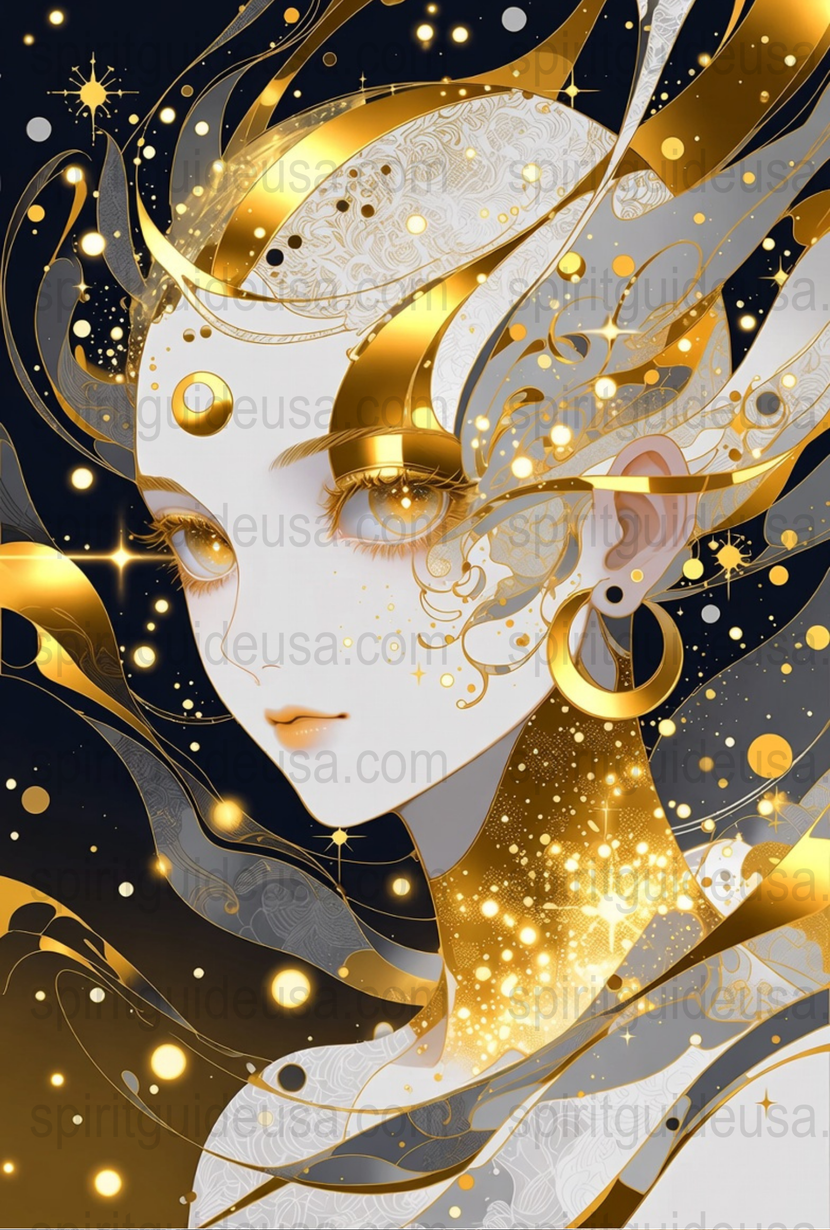 Mystical Golden Fantasy Art Print, Celestial Woman Poster, Spiritual Decor, Moon and Stars Wall Art, Unique Gift Idea