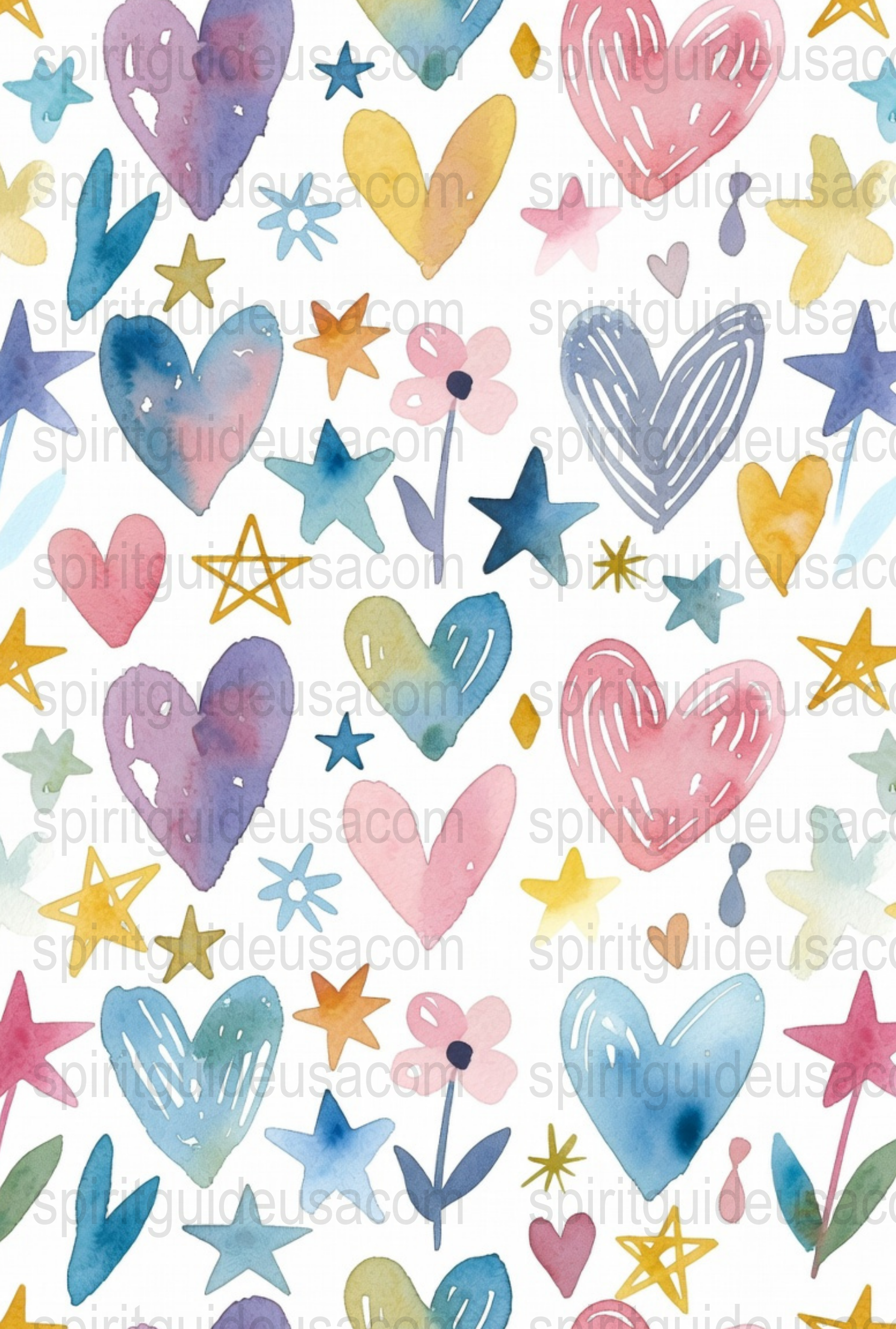 Watercolor Hearts and Stars Pattern Fabric, Colorful Nursery Room Decor, Hand Painted Style Textile Design, Crafting Material