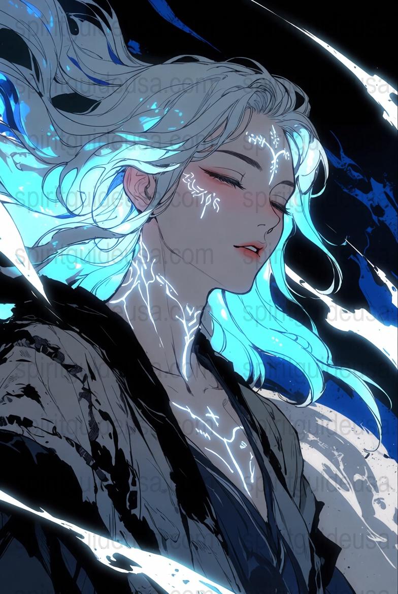 Anime Fantasy Art Print, Blue Neon Glow, Elf Girl Portrait, Magical Character Illustration, Unique Wall Decor, Manga Style Poster