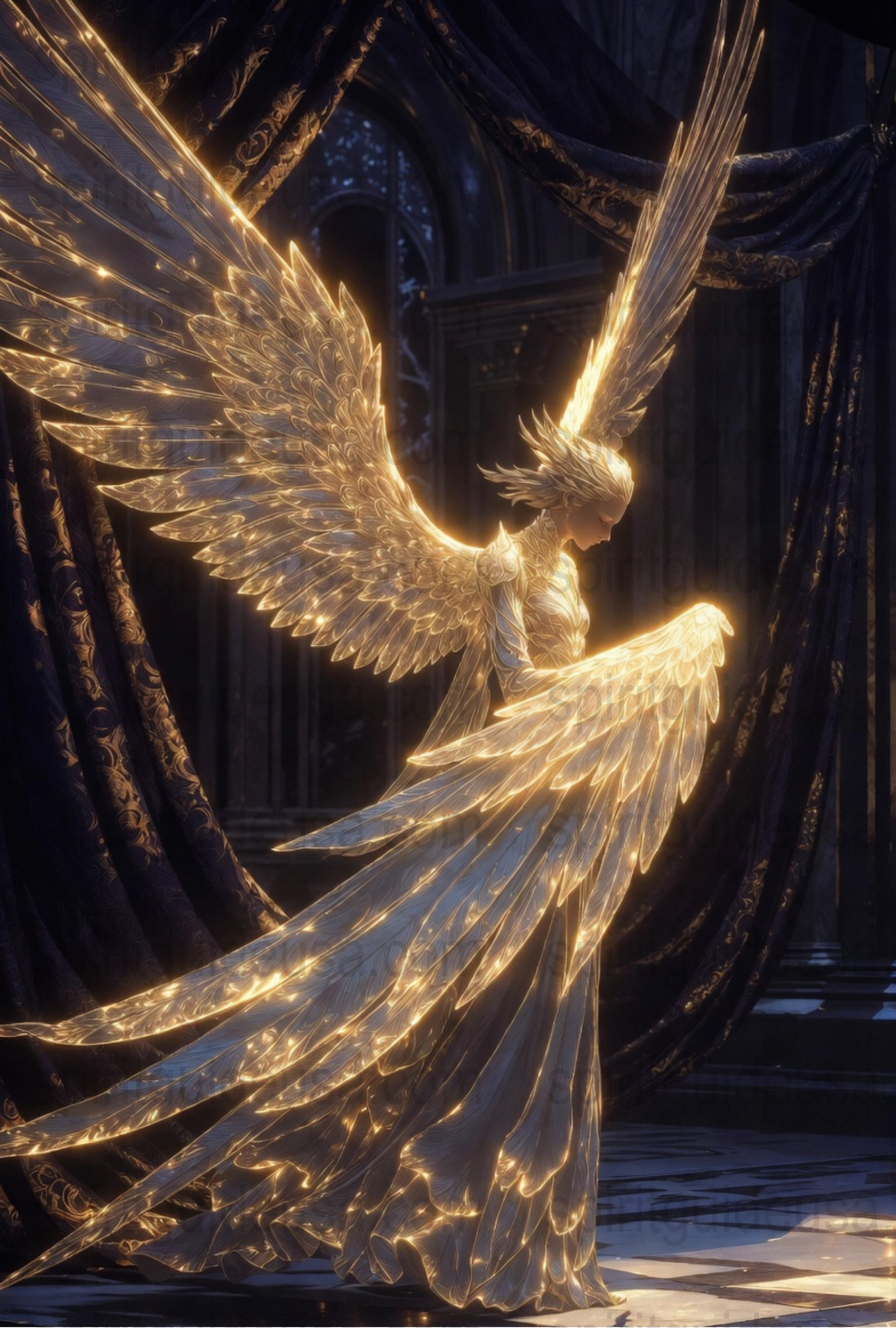 Majestic Golden Angel Statue Art Print, Ethereal Angelic Figure, Spiritual Decor, Fantasy Wall Art for Home and Office