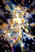 Celestial Dance Watercolor Art Print, Starry Night Sky Woman Illustration, Fantasy Wall Decor, Gold and Blue Artwork, Dreamy Stardust Poster