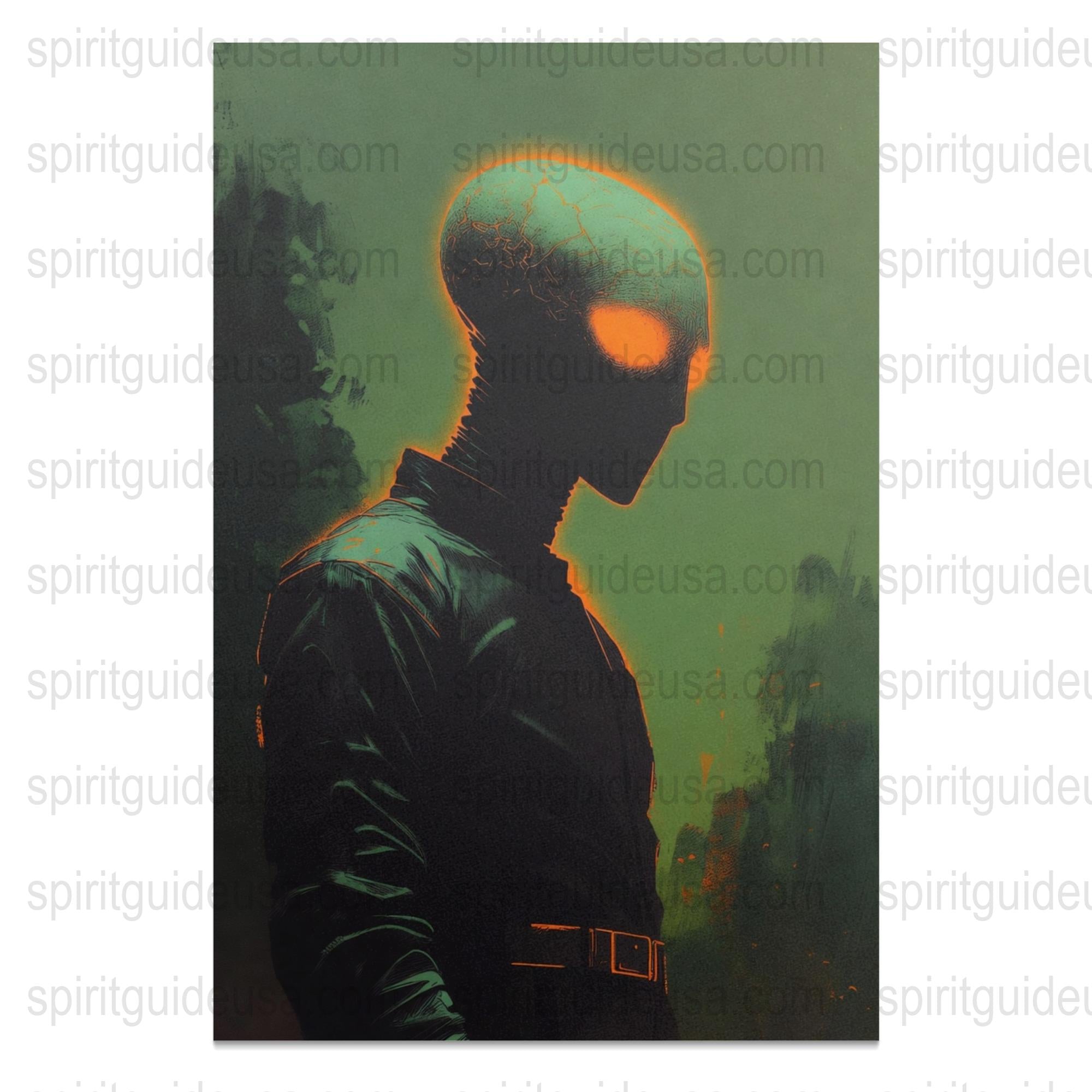 Vintage Sci-Fi Poster, Retro Alien Silhouette, Green and Black Wall Art, Unique Home Decor, Gift for Sci-Fi Fans