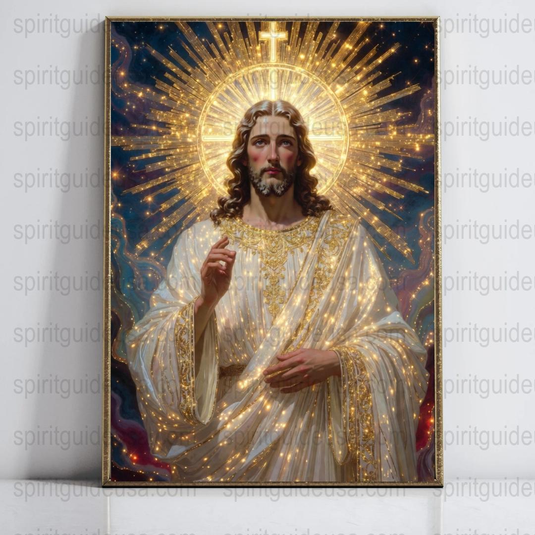 Jesus Christ Religious Art Canvas Print, Christian Wall Decor, Golden Radiance Spiritual Painting, Home Altar Artwork, Sacred Heart Image