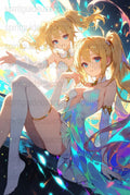 Anime Art Print, Twin Blonde Girls, Fantasy Illustration, Magical Poster, Colorful Wall Decor, Vibrant Digital Artwork, Home Decoration
