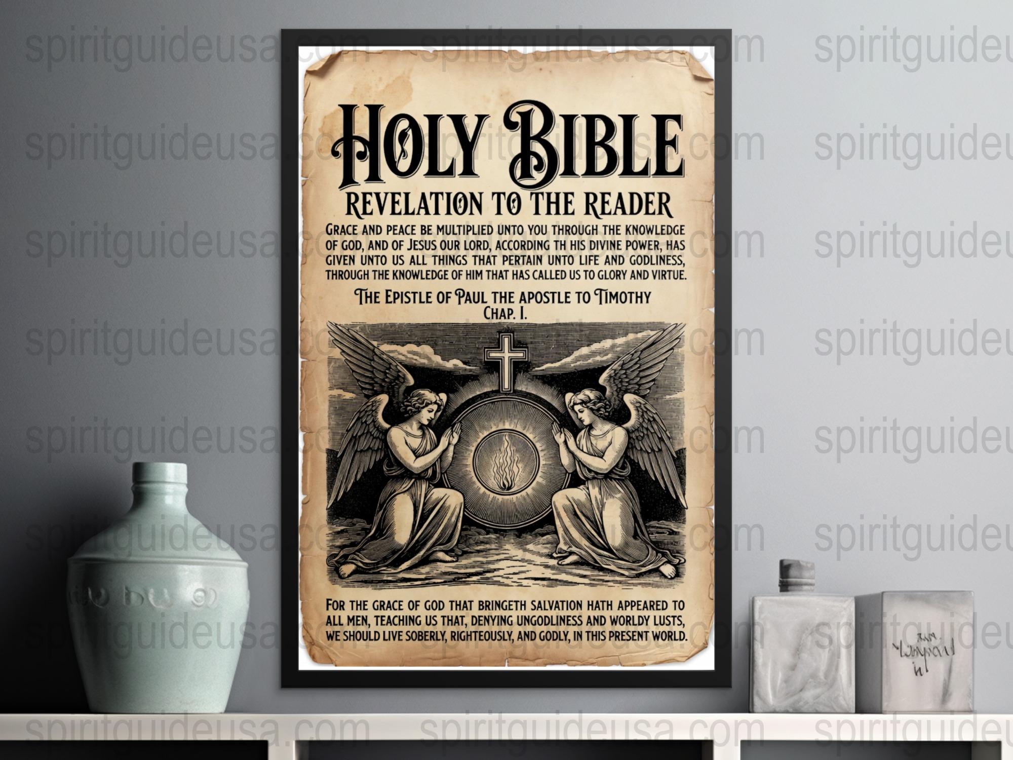 Vintage Holy Bible Revelation Art Print, Antique Religious Wall Decor, Angel Illustration Poster