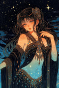 Fantasy Anime Art Print, Starry Night Sky, Elegant Girl with Black Hair, Decorative Wall Art, Celestial Theme, Mystical Illustration