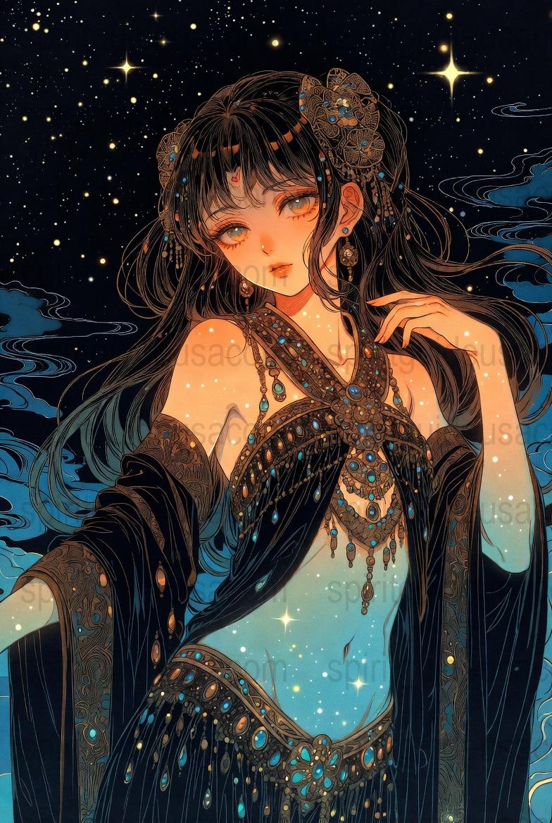 Fantasy Anime Art Print, Starry Night Sky, Elegant Girl with Black Hair, Decorative Wall Art, Celestial Theme, Mystical Illustration