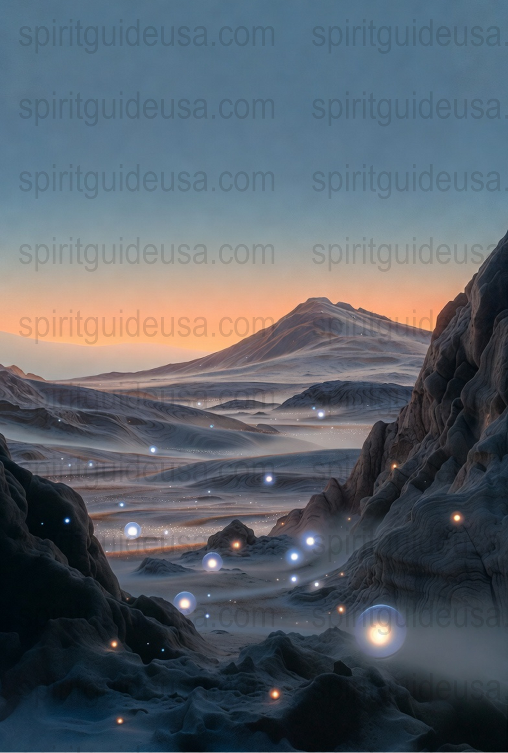 Mystical Mountain Landscape Art Print, Fantasy Nature Poster, Spiritual Wall Decor, Ethereal Light Artwork