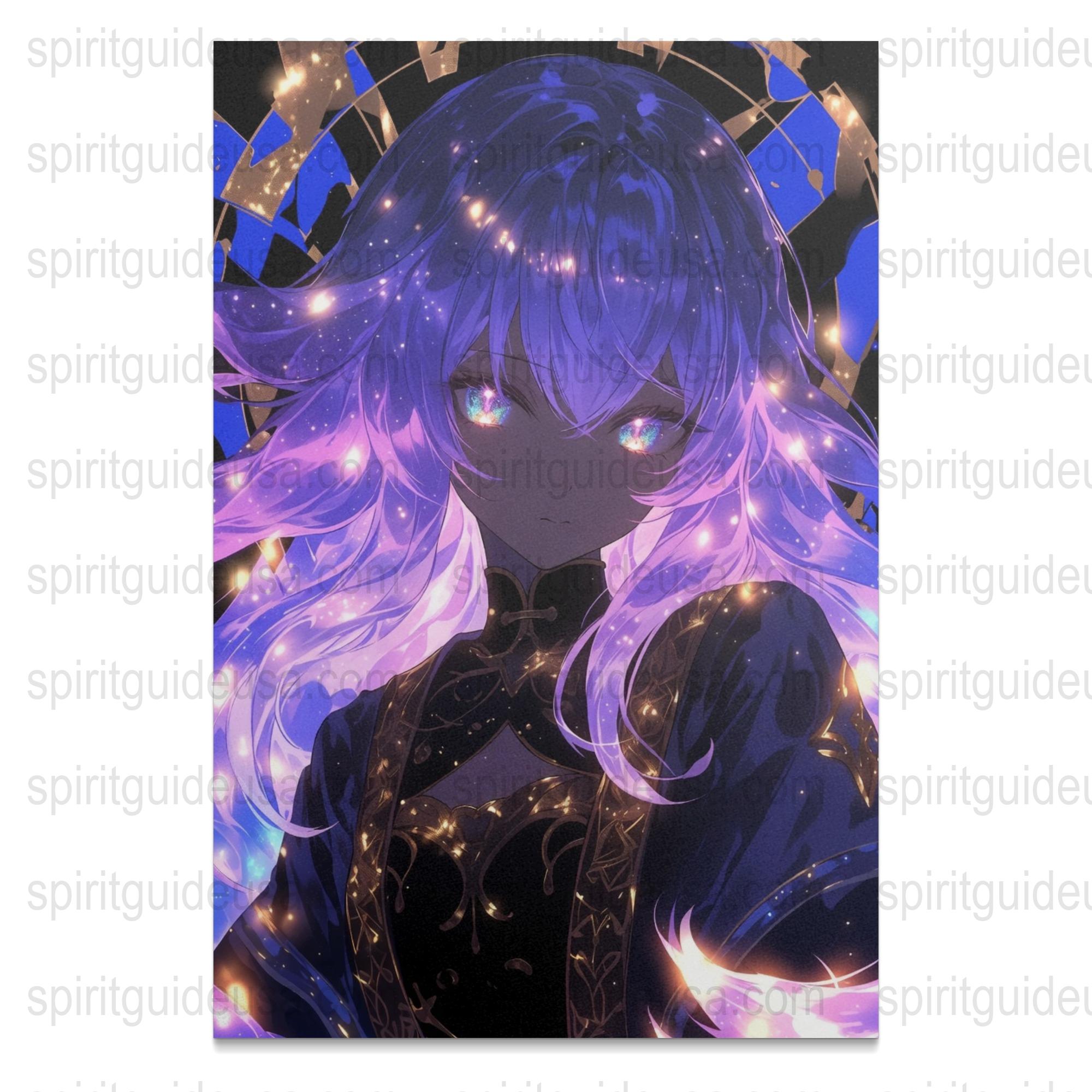 Anime Girl Wall Art Poster, Mystical Purple Hair, Starry Night Fantasy Decor, Vibrant Room Decoration, Canvas Print, Gift Idea