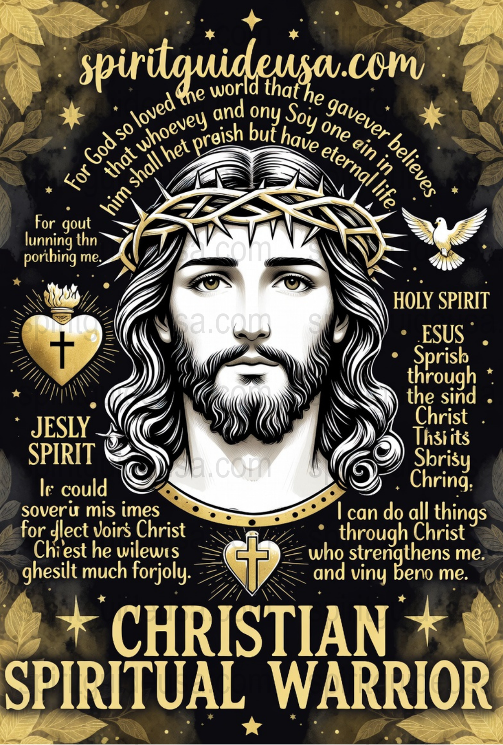 Christian Warrior Jesus Poster, Spiritual Wall Art, Religious Home Decor, Inspirational Quote Print, Bible Verse Artwork, Gold Accents