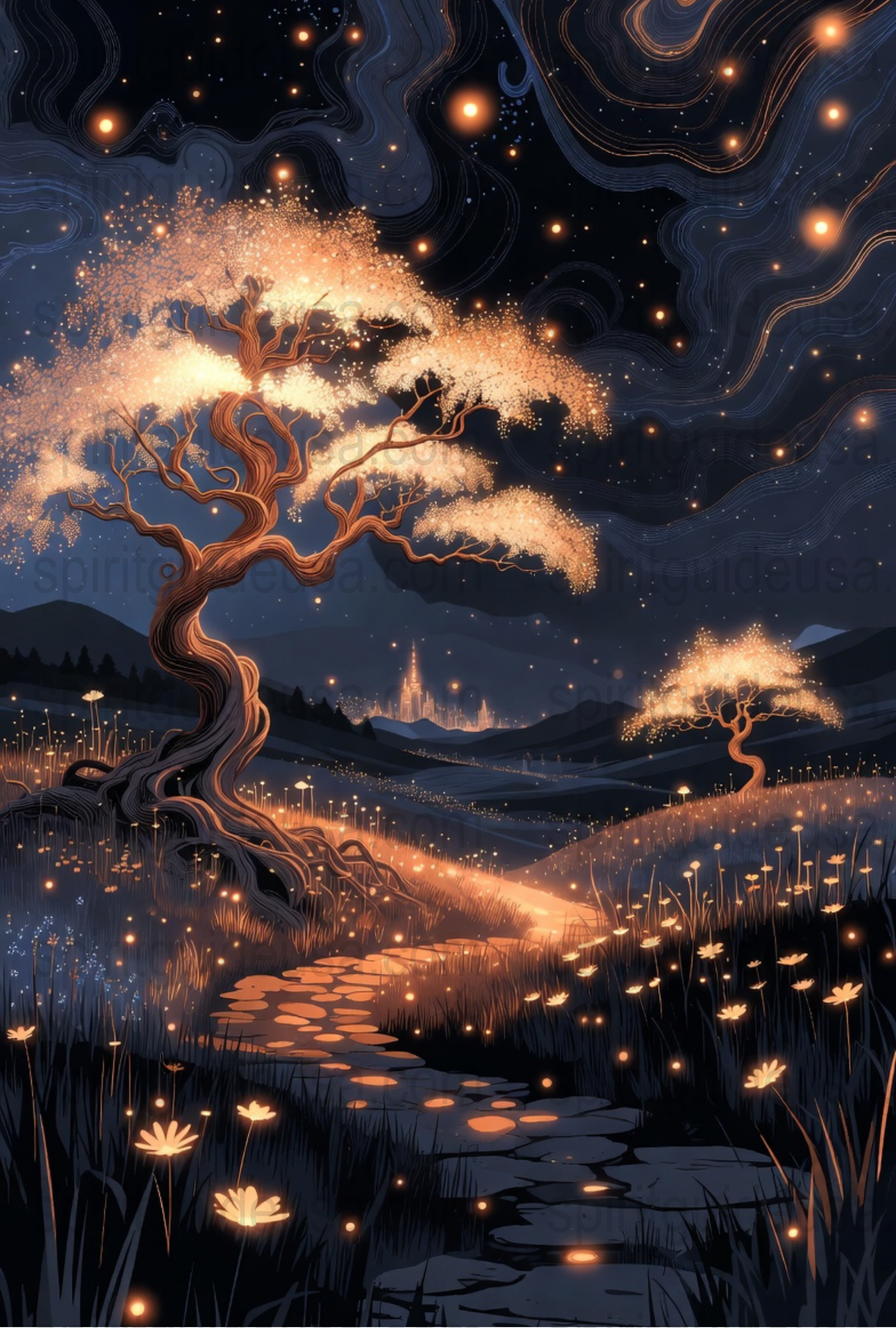 Enchanted Forest Night Sky Art Print, Mystical Tree with Stars, Fantasy Nature Landscape Poster, Wall Decor for Home