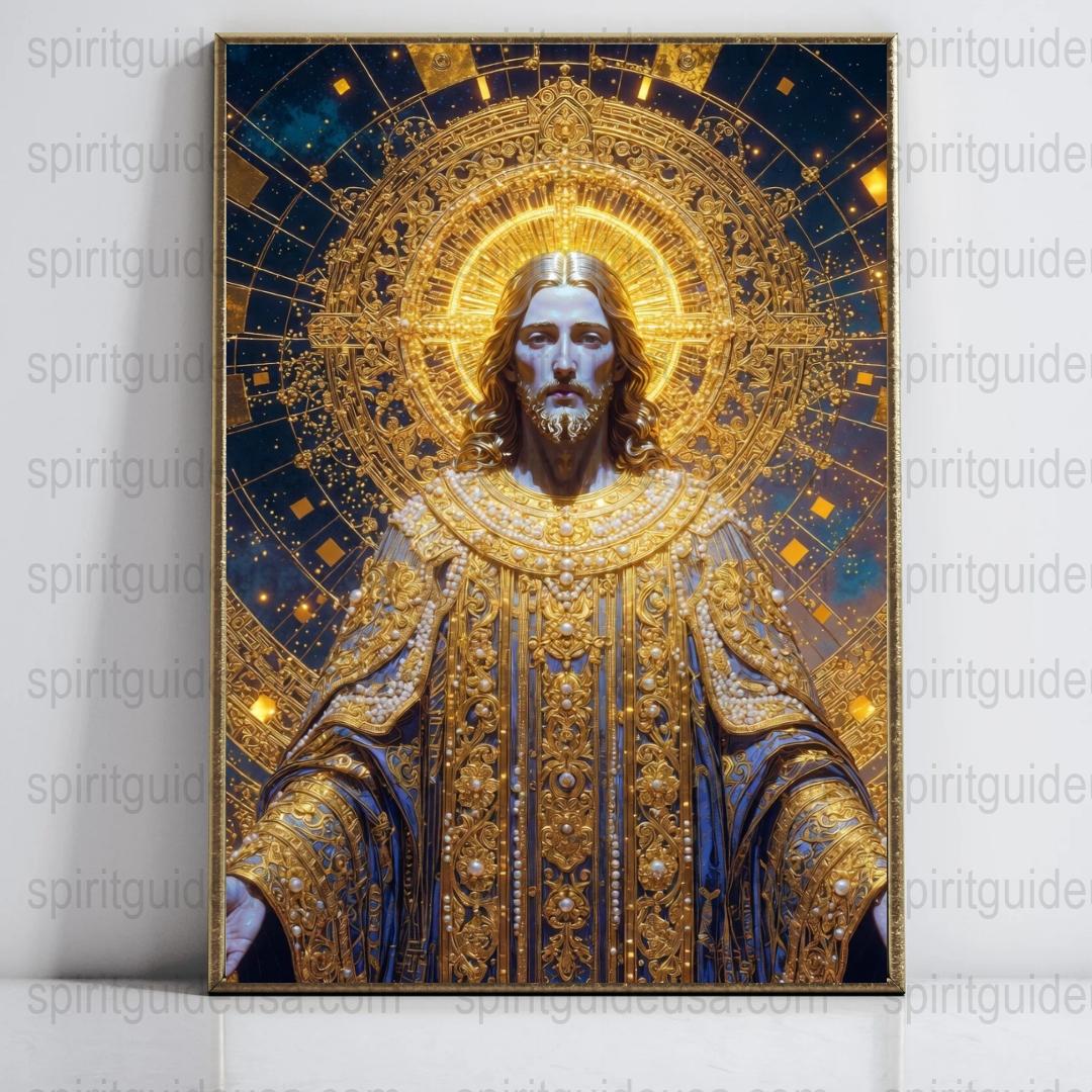 Jesus Christ in Glory Religious Art Print, Spiritual Golden Decor, Christian Icon Wall Art, Sacred Heart Majesty Canvas