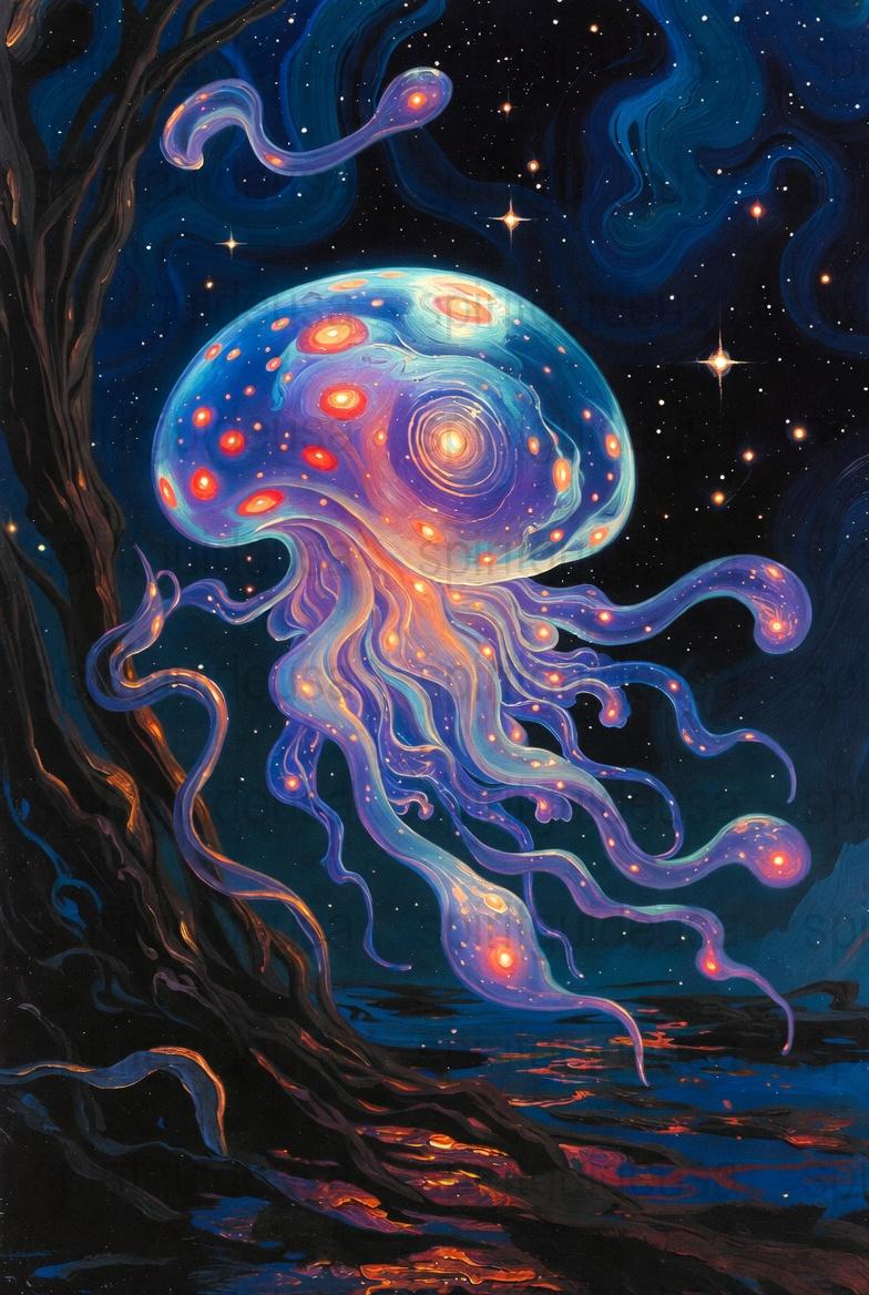 Colorful Cosmic Jellyfish Art Print, Space Fantasy Wall Art, Vibrant Starry Night Sky Poster, Unique Home Decor, Mystic Astronomy