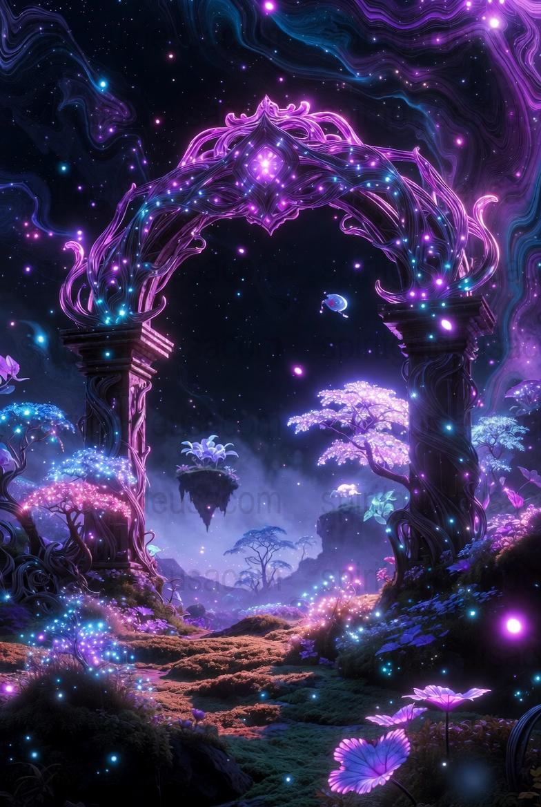 Enchanted Forest Archway Poster, Mystical Landscape Print, Purple Night Sky, Magical Trees Artwork, Fantasy Wall Decor, Ethereal Nature