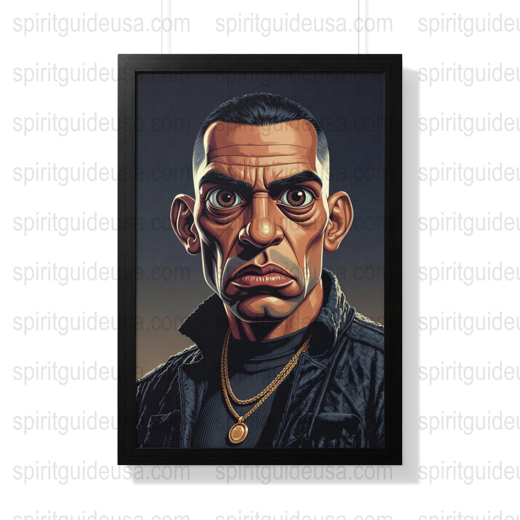 Caricature Art Print, Bold Male Portrait with Dark Background, Dramatic Wall Art, Unique Home Decor, Framed Poster