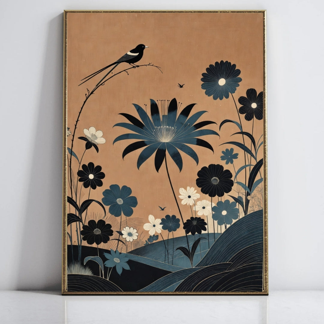 Vintage Floral Art Print, Botanical Wall Decor, Black and Gold Flowers, Nature Inspired Home Decoration, Elegant Living Room Artwork