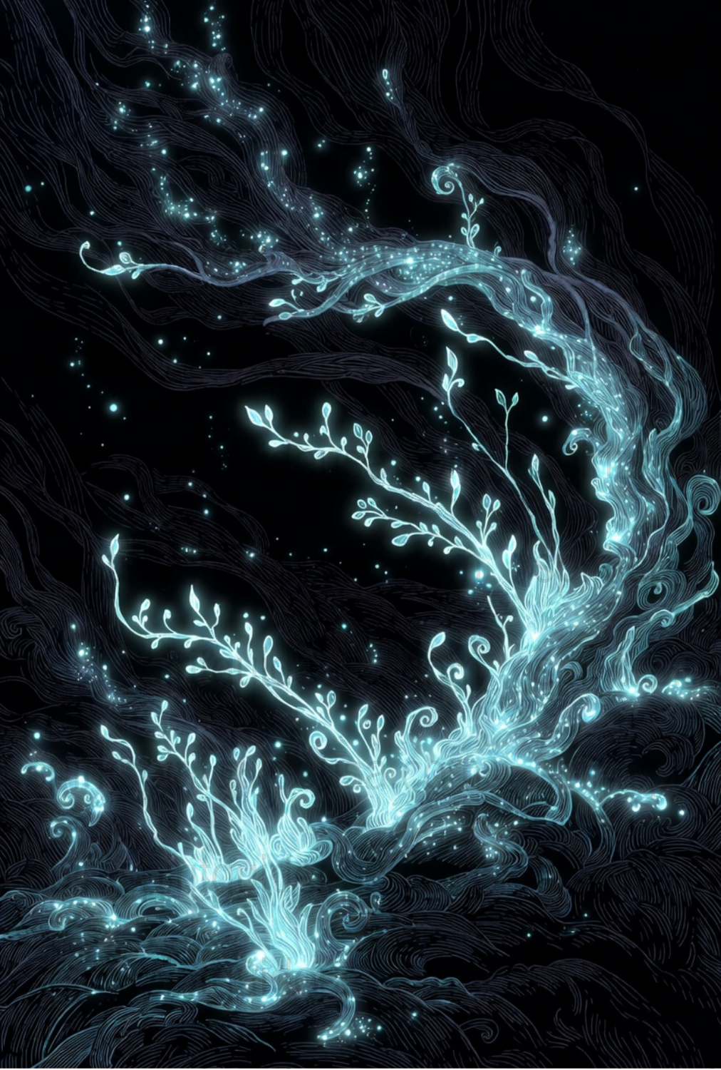 Enchanted Forest Glow in the Dark Wall Art, Mystical Blue Neon Nature Print, Fantasy Decor for Bedroom or Living Room