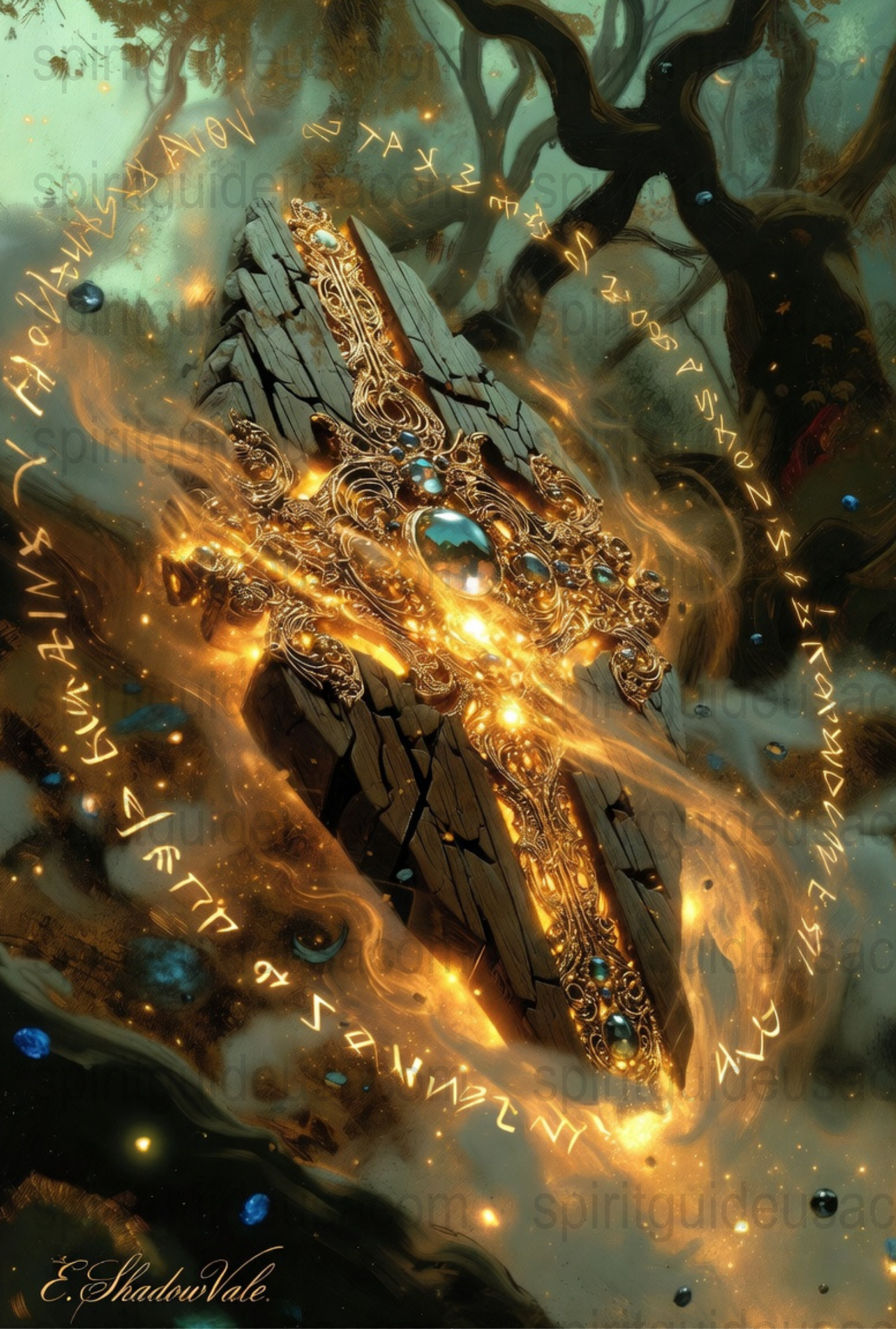 Enchanted Sword Art Print, Mystical Golden Glow Magic Weapon, Fantasy Forest Poster, Vibrant Wall Decor, Unique Gift for Gamers