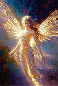 Angelic Golden Winged Goddess Fantasy Art Print, Vibrant Ethereal Spiritual Wall Decor
