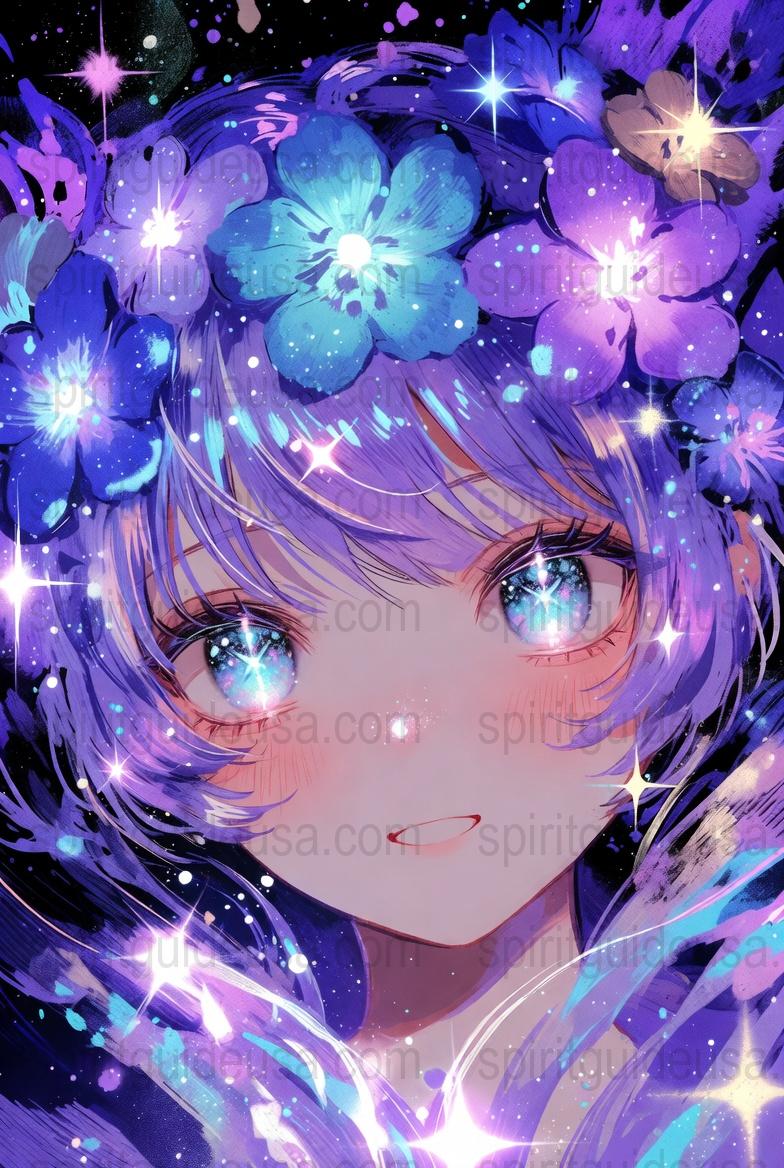 Anime Art Print, Floral Fantasy Illustration, Vibrant Blue Flowers, Magical Girl Decor, Poster for Anime Lovers, Wall Art Gift Ideas