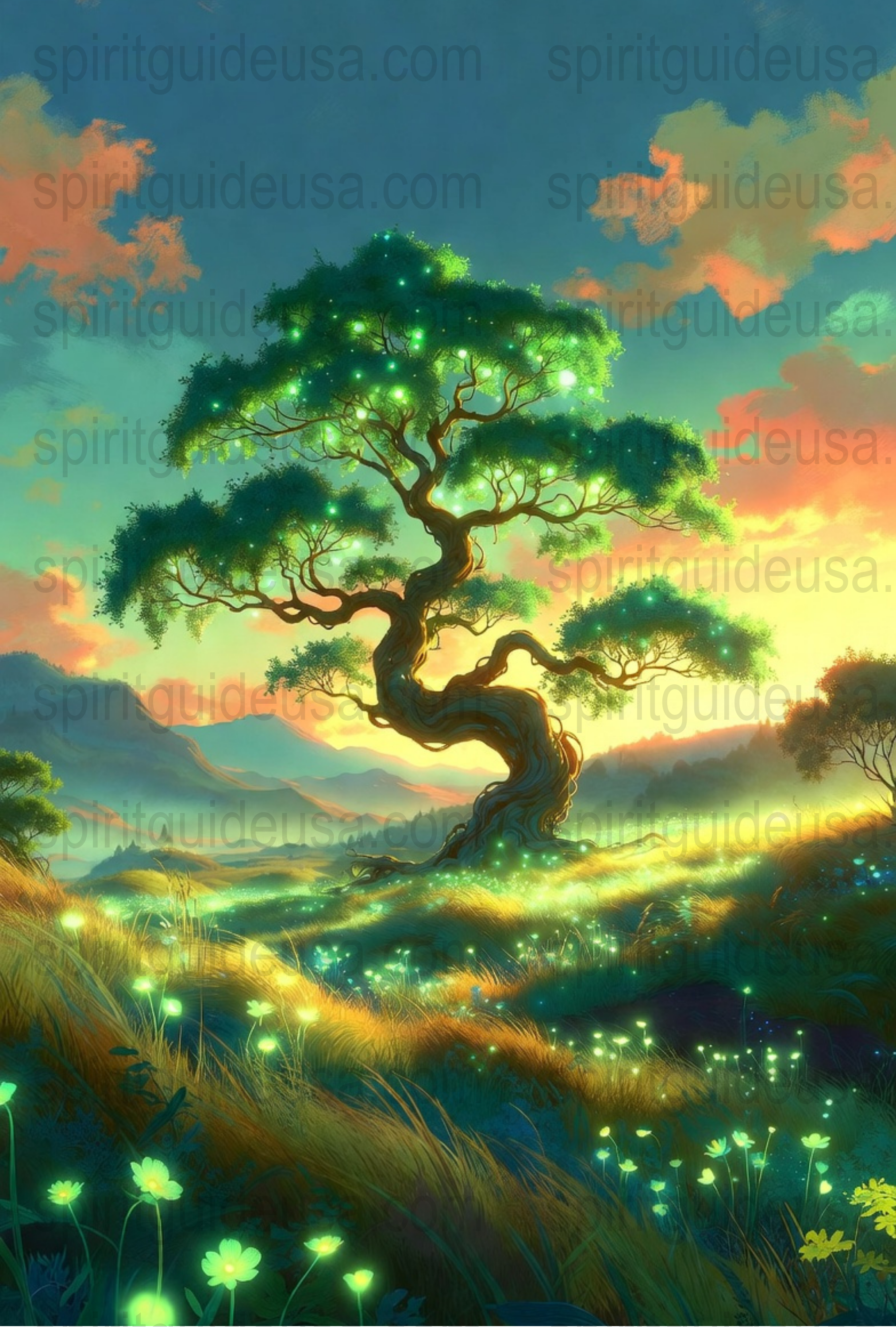 Mystical Tree Art Print, Enchanted Forest with Magical Lights, Whimsical Nature Wall Decor, Fantasy Landscape Poster