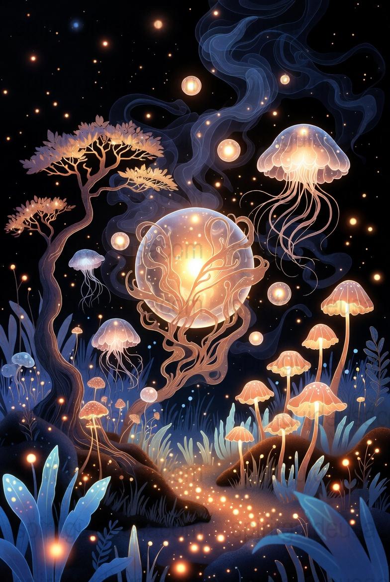 Mystical Jellyfish and Glowing Trees Art Print, Fantasy Forest Night Sky Poster, Magical Home Decor Wall Art, Enchanted Nature Illustration