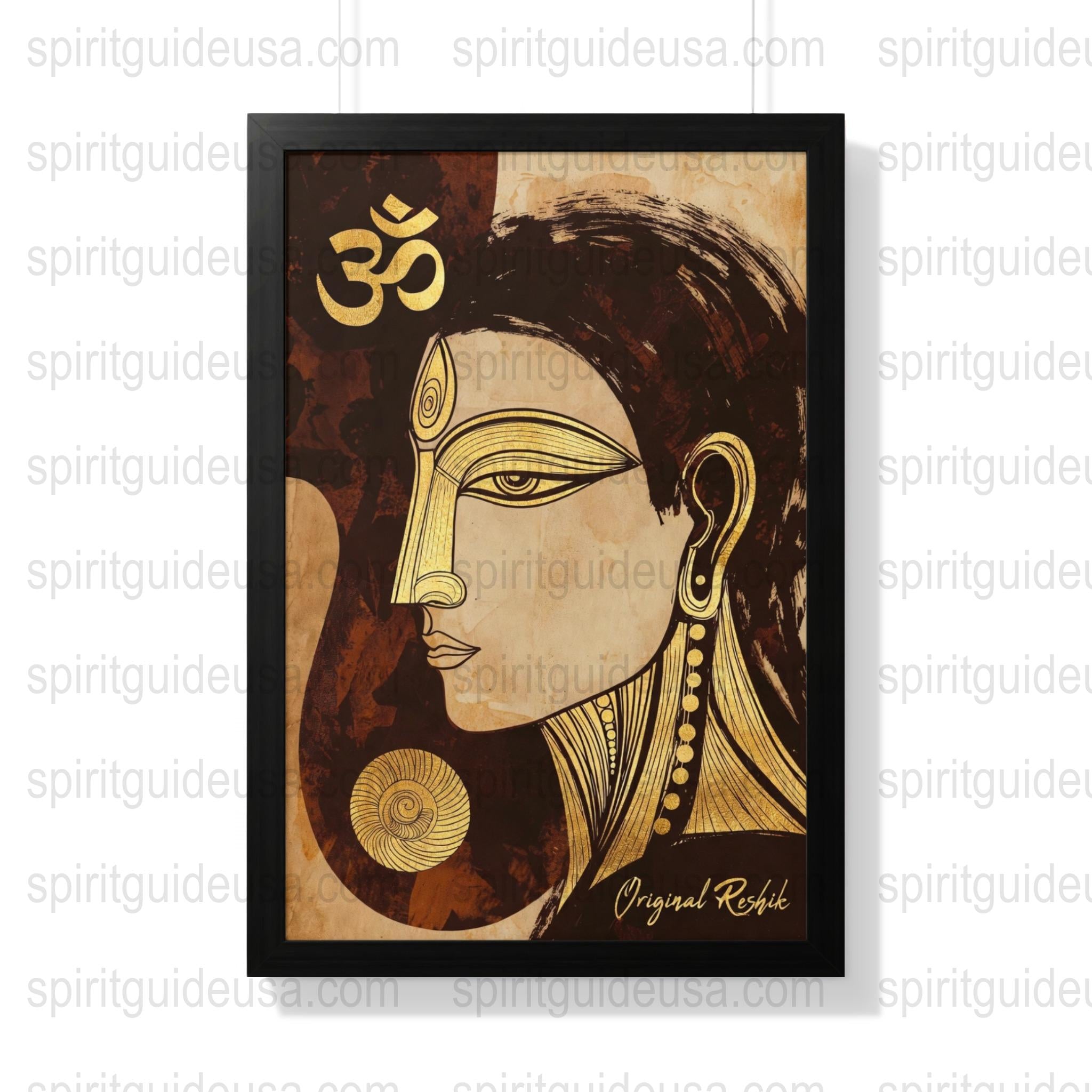 Spiritual Hindu Art, Om Symbol with Goddess Painting, Ethnic Wall Decor, Handmade Religious Indian Artwork, Meditation Room Decor