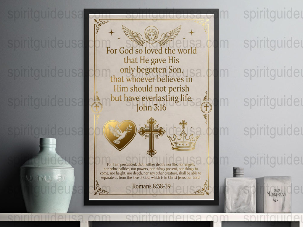 Christian Wall Art, John 3:16 Bible Verse Print, Gold Inspirational Religious Home Decor, Spiritual Framed Poster, Gift for Believers