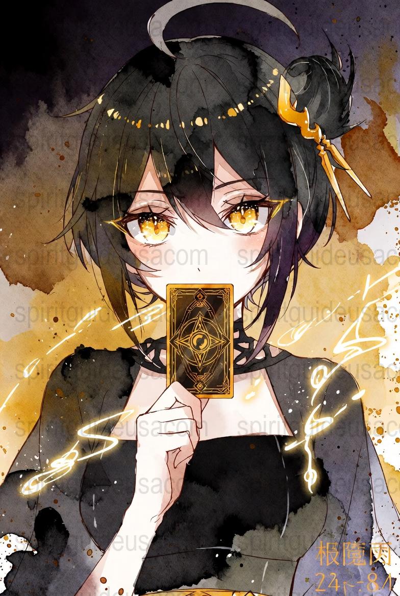 Anime Art Print, Mysterious Girl with Tarot Card, Golden Sparks, Wall Decor, Fantasy Illustration, Collector's Item, Unique Gift Idea