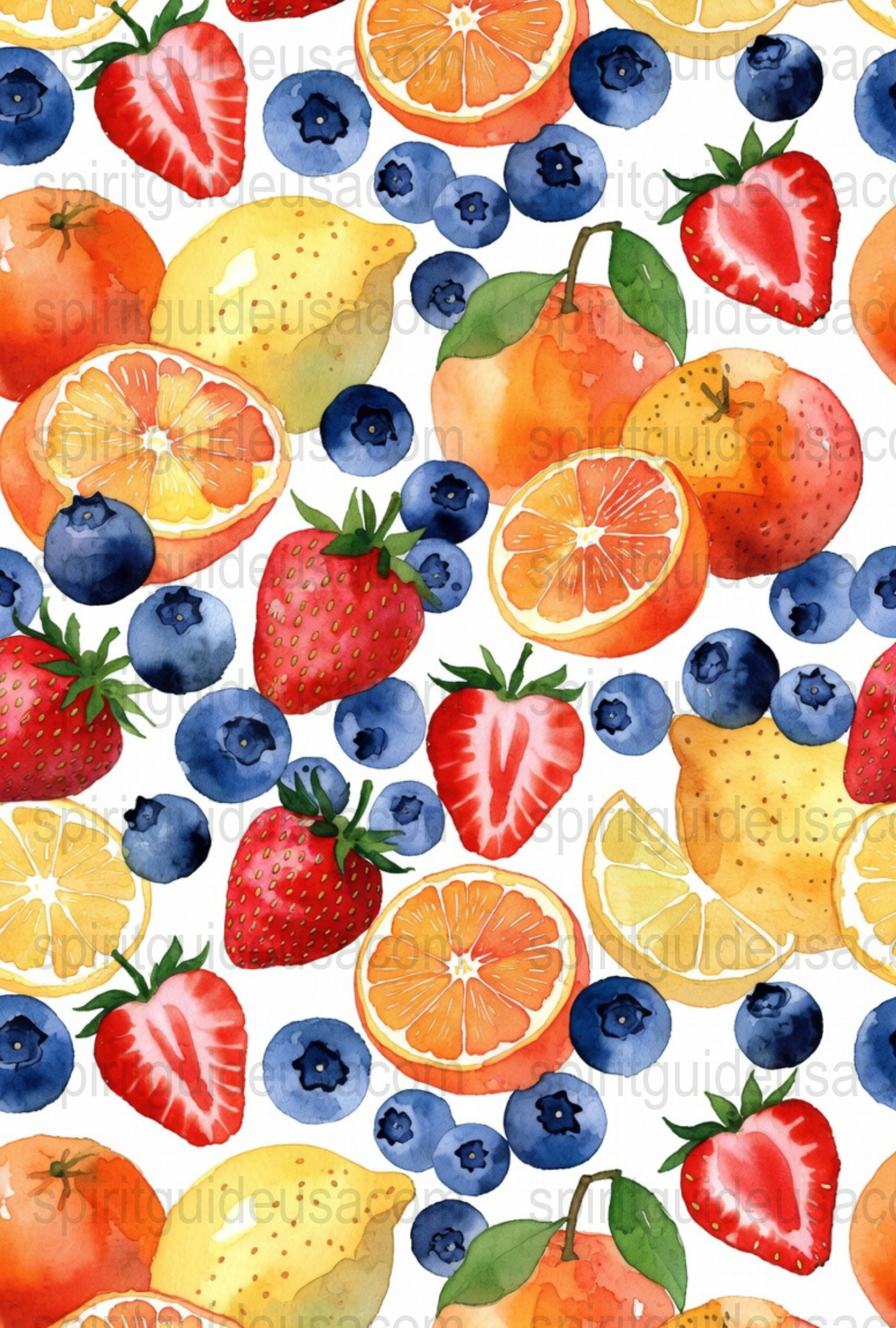 Watercolor Fruit Pattern Print, Strawberry, Blueberry, Orange, Kitchen Wall Art Decor, Bright Summer Colors, Refreshing Home Decor Style