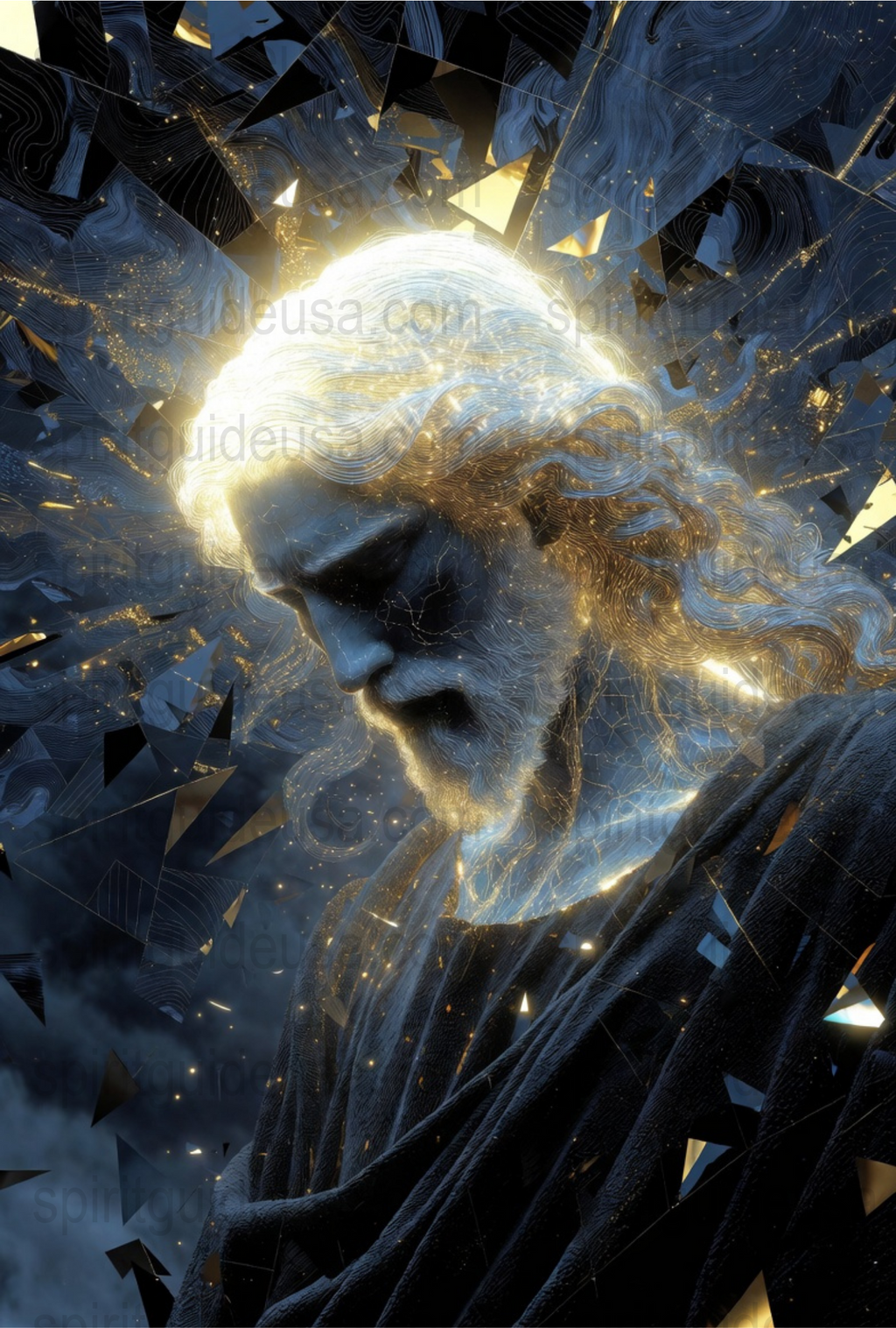 Mythical Zeus Art Print, Ancient Greek God Poster, Lightning and Stars, Blue Gold Wall Decor, Fantasy Artwork for Home