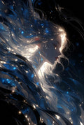 Ethereal Blue Hair Girl Art Print, Starry Night Sky Illustration, Mystical Fantasy Wall Decor, Unique Cosmic Poster