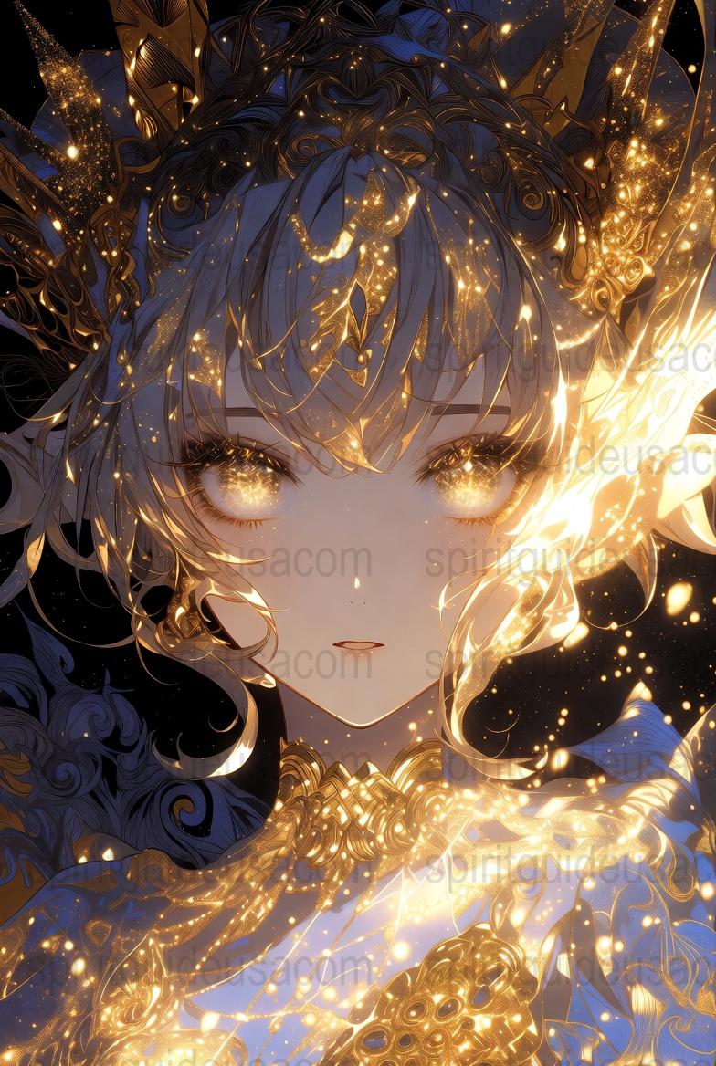 Fantasy Anime Art Print, Golden Accents, Ethereal Female Character, Decorative Wall Art, Vibrant Colors, Unique Gift Idea