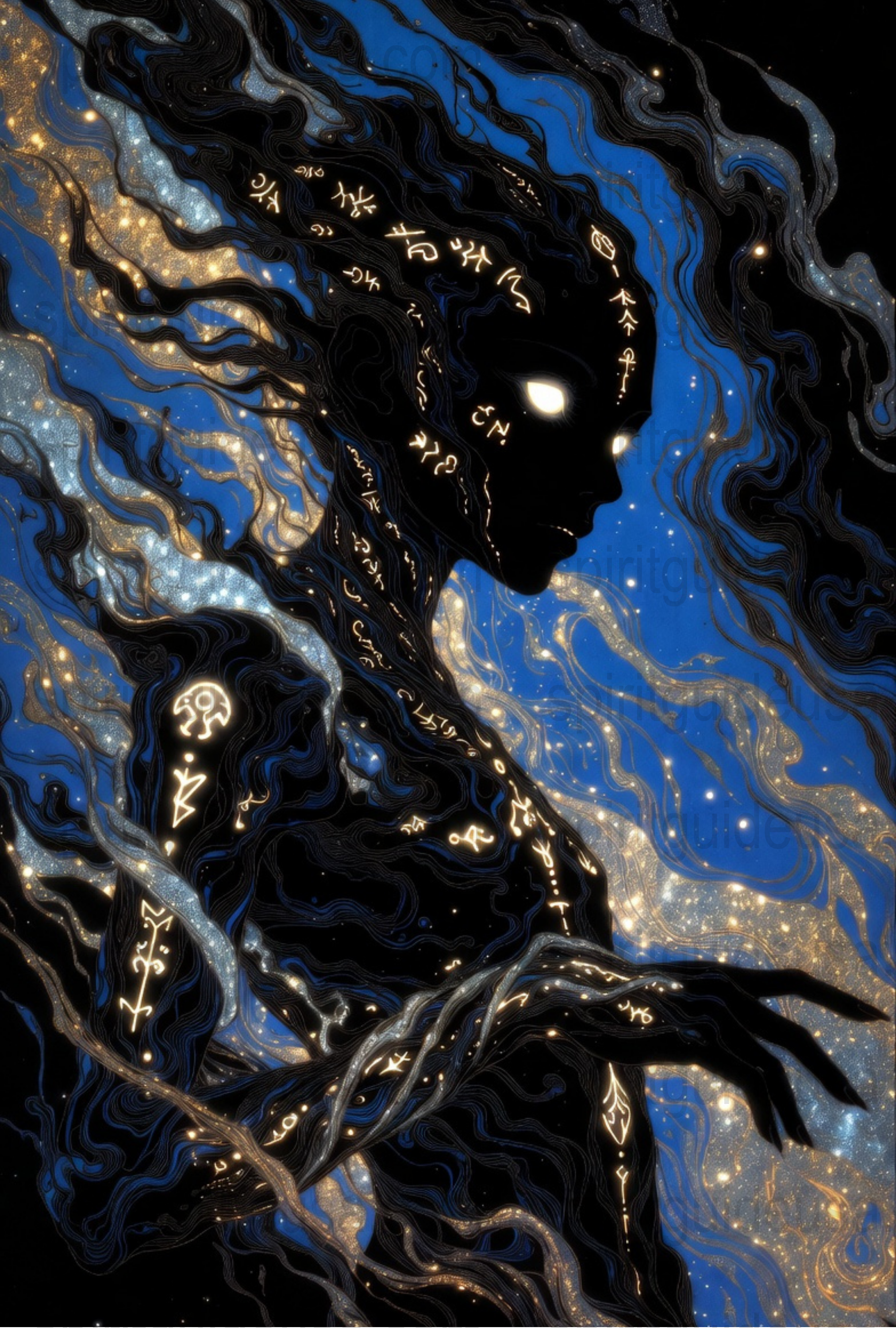 Cosmic Abstract Art Print, Celestial Gold and Blue, Mystical Starry Night, Fantasy Wall Decor, Unique Astral Poster, Home Decoration