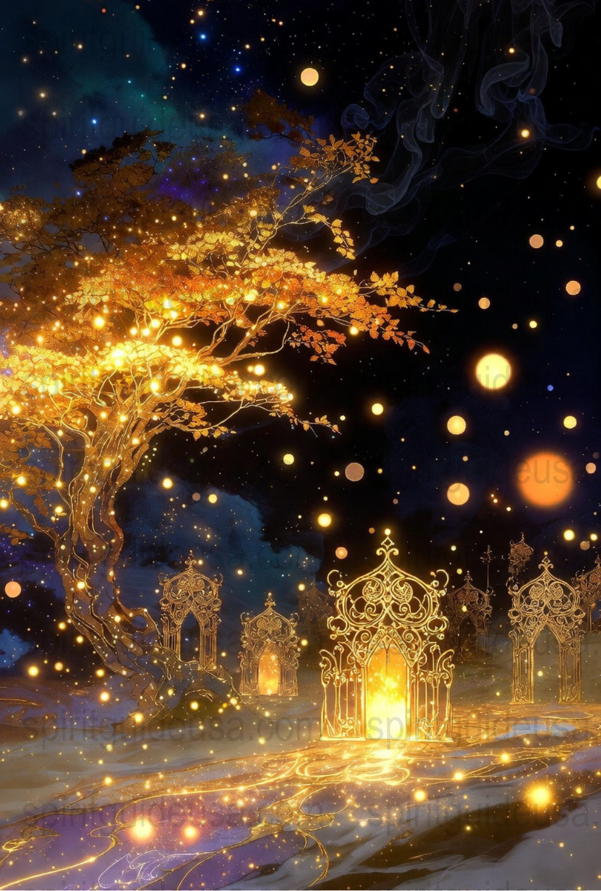 Enchanted Autumn Night Print, Magical Tree and Gates Artwork, Starry Sky Wall Decor, Fantasy Landscape Poster