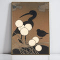 Vintage Japanese Wall Art Cranes and Moon Painting, Large Asian Style Decor, Elegant Gold Framed Bird Print