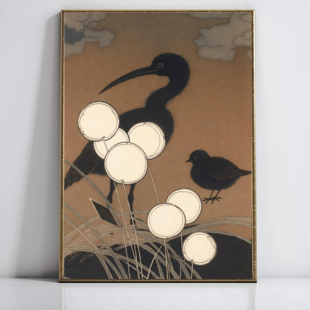 Vintage Japanese Wall Art Cranes and Moon Painting, Large Asian Style Decor, Elegant Gold Framed Bird Print