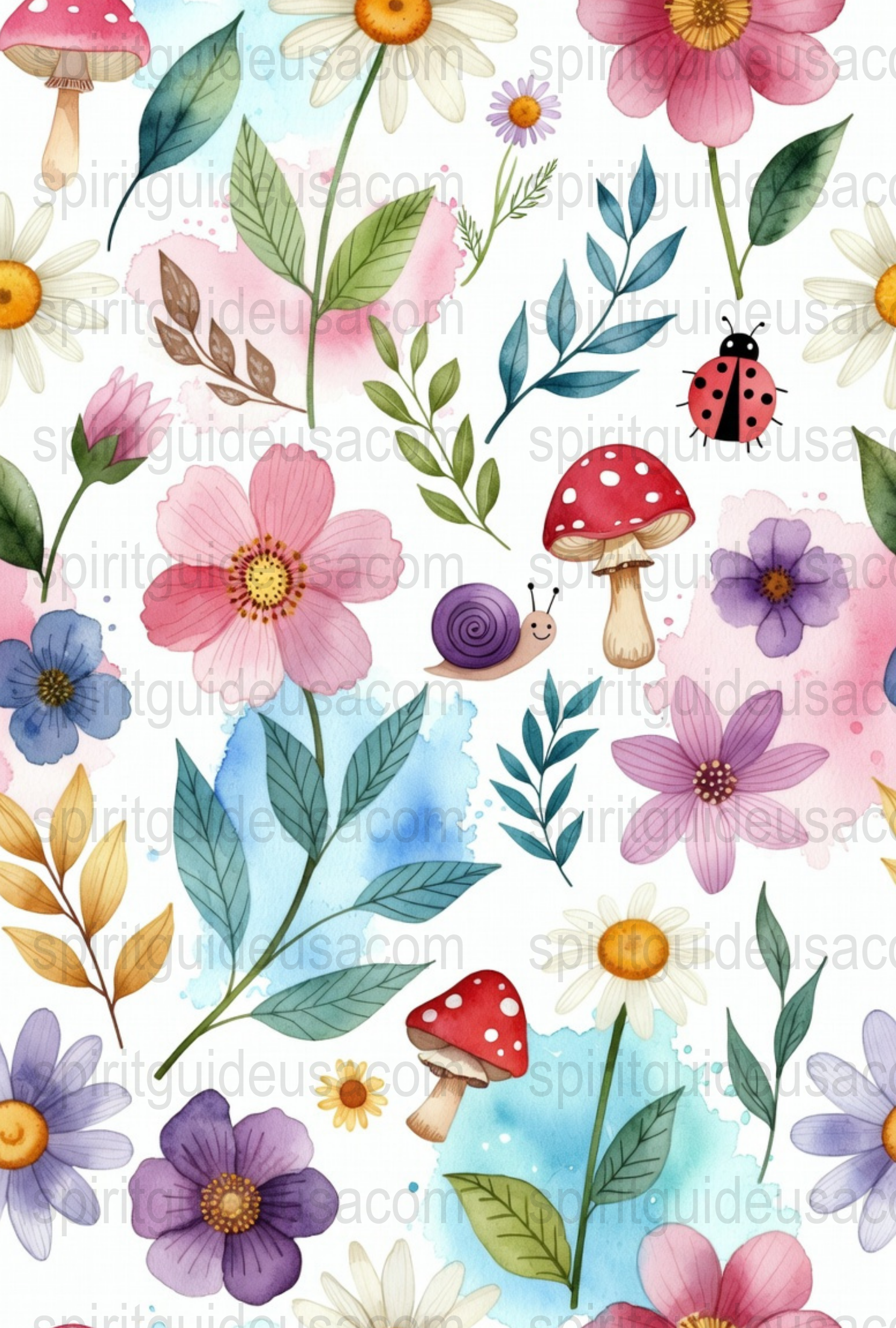 Whimsical Forest Pattern Fabric, Colorful Flowers, Mushrooms, Ladybugs, Nature-Inspired Textile Design for Crafting and Apparel