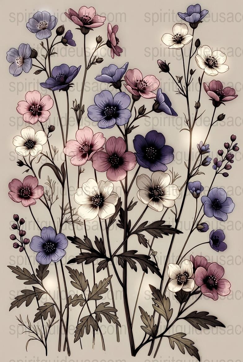 Vintage Floral Art Print, Botanical Illustration, Wall Decor, Pink Blue Flowers, Home Decoration, Nature Inspired, Elegant Wall Art