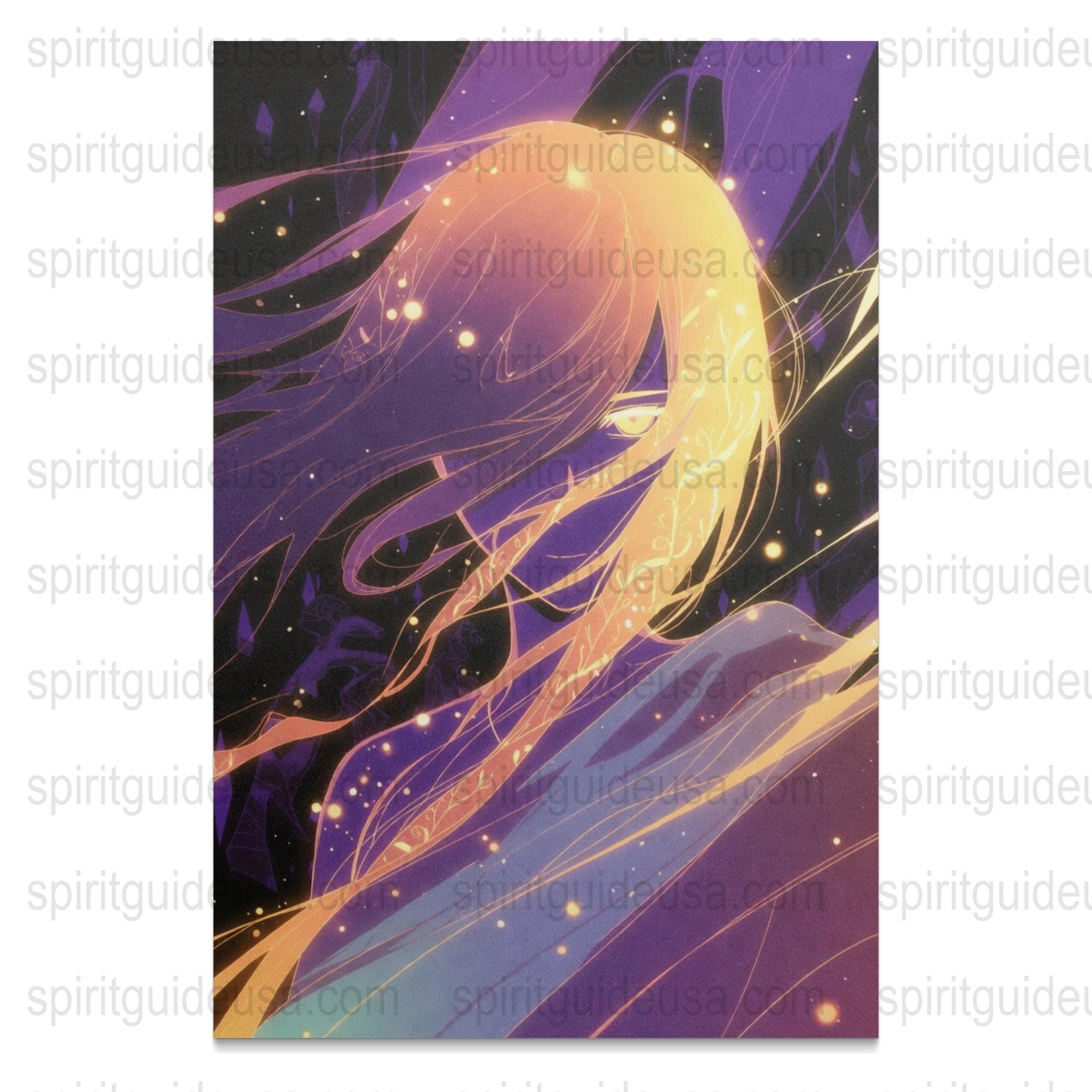 Mystical Anime Art Print, Celestial Girl with Stars, Purple and Gold Wall Decor, Fantasy Poster for Bedroom, Enchanting Home Artwork