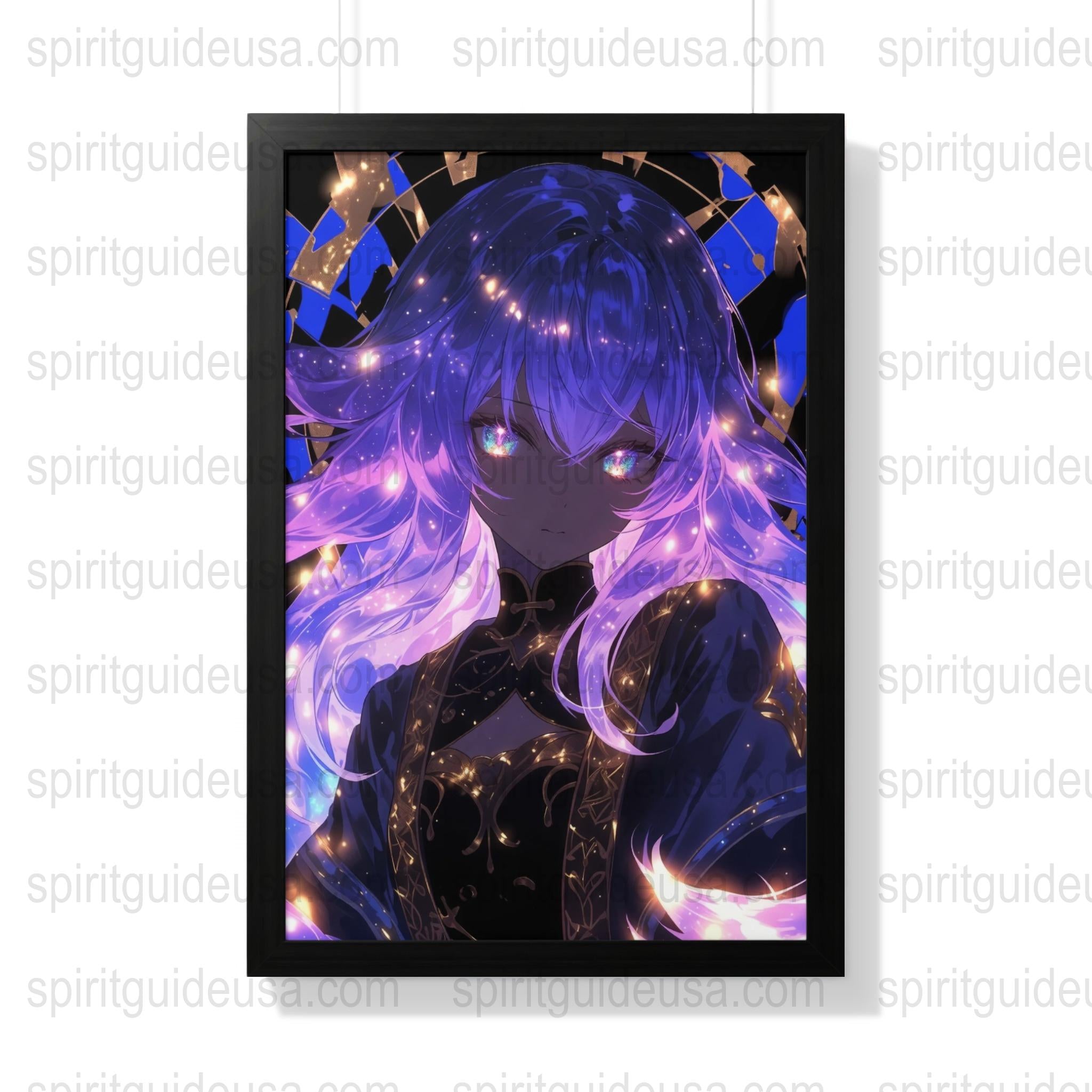 Anime Art Print, Purple Hair Girl, Fantasy Wall Decor, Magical Character Poster, Starry Night Background, Vibrant Colors, Home Decor