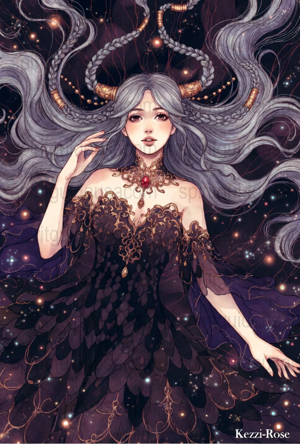 Fantasy Art Print, Celestial Goddess Illustration, Mystical Woman Poster, Starry Night, Lunar Decor, Ethereal Wall Art, Magical Decor