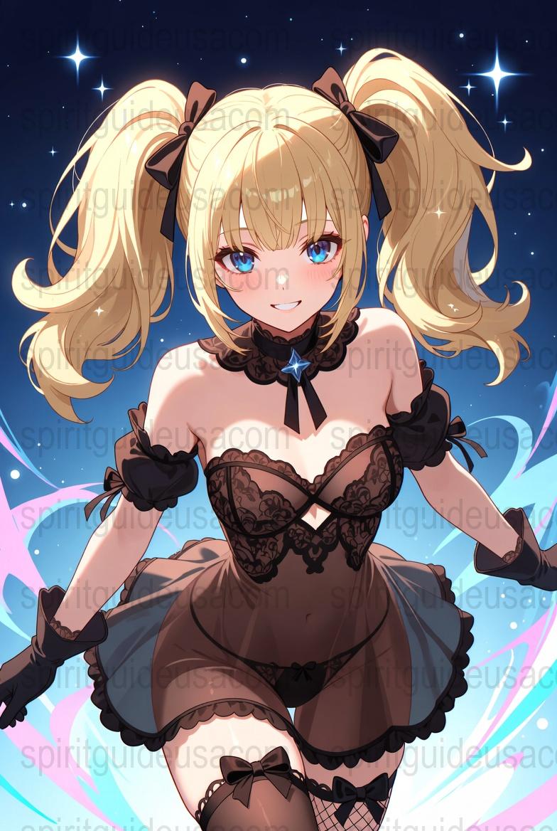 Anime Girl Art Print, Blonde Twin Tails, Blue Eyes, Starry Night Background, Collectible Wall Decor