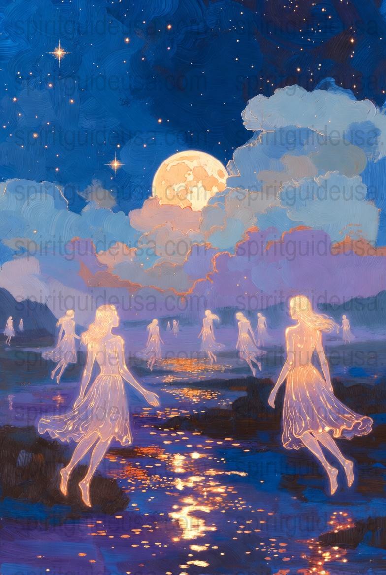 Mystical Moonlit Dance Art Print, Spiritual Celestial Wall Decor, Fantasy Starry Night, Ethereal Figures Painting