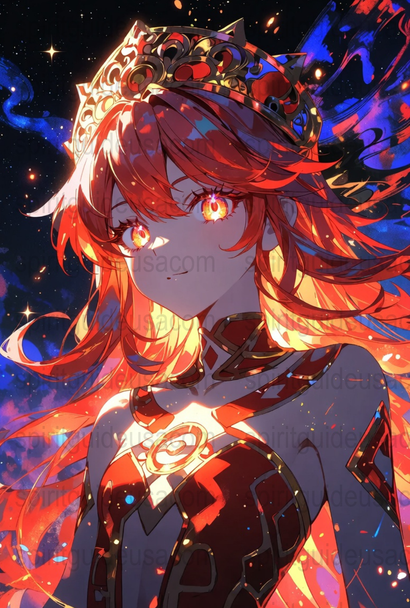 Anime Princess Art Print, Vibrant Red Hair, Starry Night Background, Fantasy Wall Decor, Ideal for Anime Fans