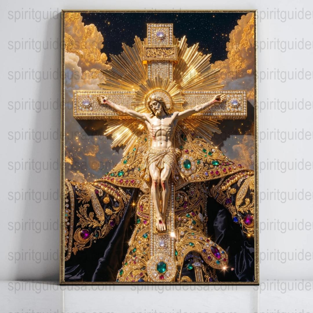 Luxurious Religious Wall Art, Gold Embellished Crucifix Painting, Spiritual Decor for Home and Church
