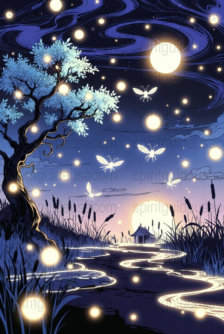 Enchanted Forest Night Scene Art Print, Magical Tree and Fireflies, Blue and Purple Wall Decor, Fantasy Nature Illustration