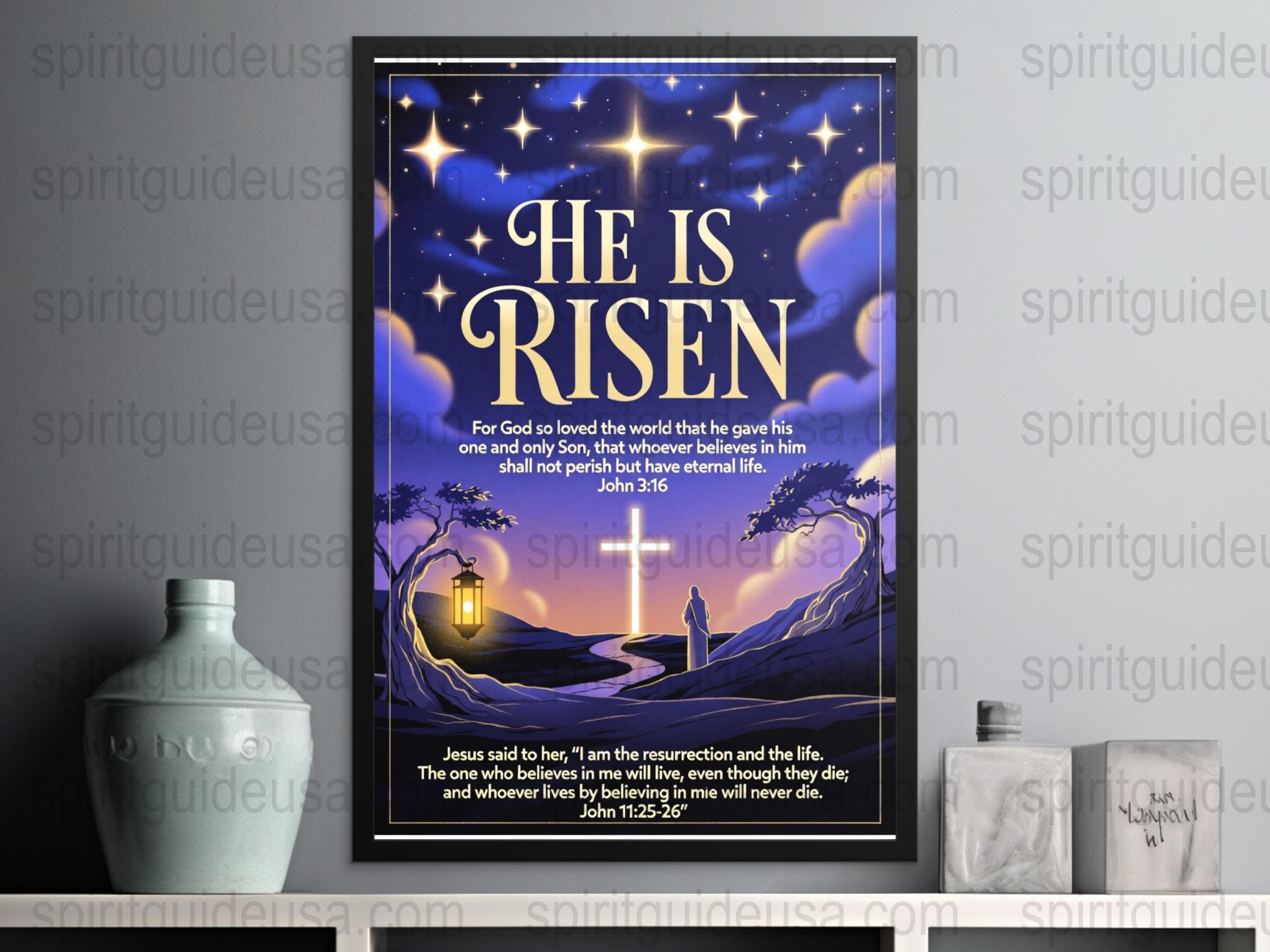 He Is Risen Easter Poster, Christian Wall Art, Bible Verse Print, Inspirational Home Decor, Religious Gift Idea, Blue Starry Night Sky